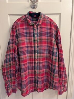Polo Ralph Lauren Plaid Linen Button Down Shirt Men's Large Fuchsia Pink Green